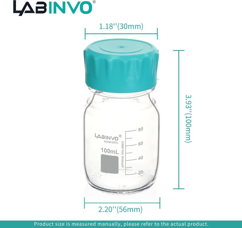 LINVO Glass Round Media Bottles, 4PCS of Vol.100ml Borosilicate Glass Reagent Storage Bottle with GL45 Screw Cap, IN-RB100A - Image 5